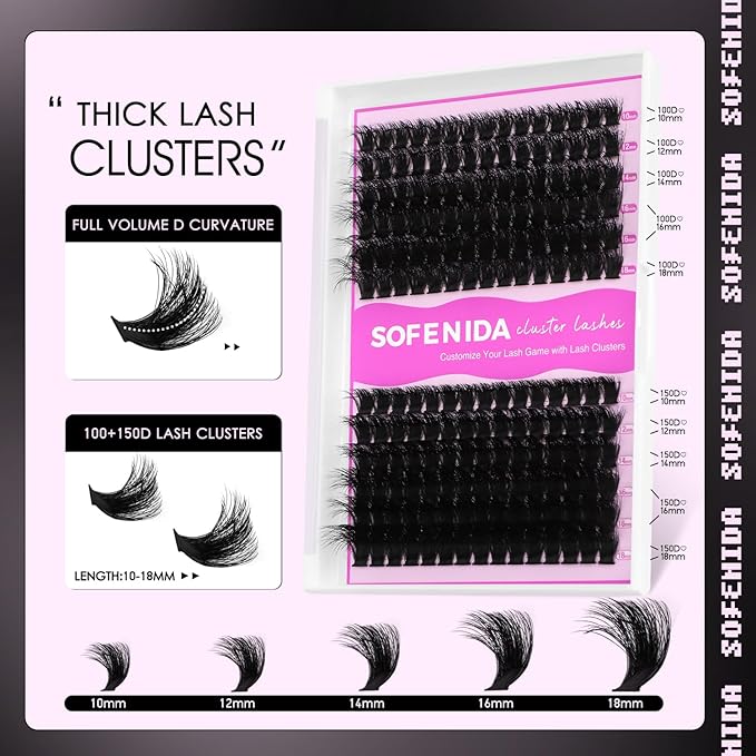 SOFENIDA Lash Clusters Eyelash Clusters 100D+150D Thick Volume Cluster Eyelash Extensions D Curly Cluster Lashes 10-18mm Wispy Lash Clusters DIY Lash Extension (100D+150D-10-18MIX Lashes)