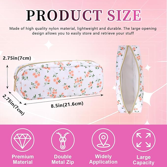 Nylon Small Makeup Bag Slim Pouch, Cute Floral Preppy Makeup Brush Bag Portable Make up Pouch with Zipper, Waterproof Travel Toiletry Bag Coin Purse Storage Organizer for Women Girls(Pink Flower)