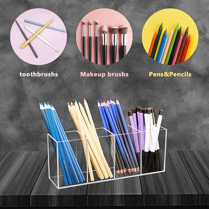 QPEY Extra Large Acrylic Pen Holder 4 Compartments,Clear Pen Holder Organizer Makeup Brush Holder for Office Desk Accessories,Cosmetic Brush Storage Box,Dorm,Bathroom,Kitchen (Clear)