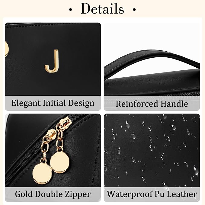 Birthday Gifts for Women Teen Girl, Personalized Initial Makeup Organizer Bag Set, Open Flat Travel Cosmetic Bag With Clear Divider and Handle(Black,J)