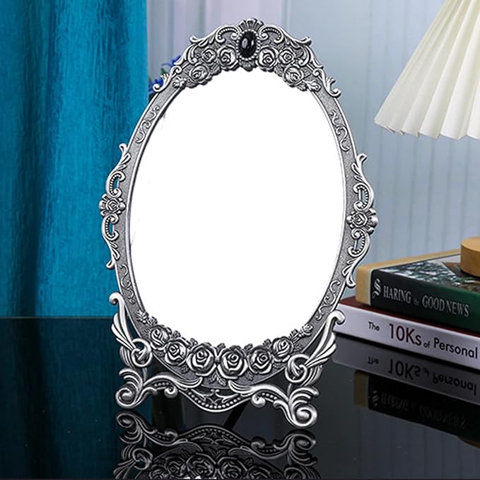 Cyrank Vintage Makeup Mirror, Oval Floral Mirror Decorative Tabletop Makeup Metal Vintage Cosmetic for Home Decorative(Antique Pewter)