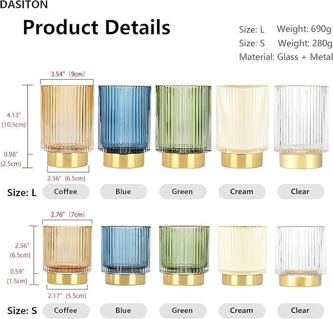 DASITON Makeup Brush holder Organizer,Crystal Cosmetic Makeup Brush Glass Brushes Storage Holder, Vintage Make Up Brush Cup Pen Pencil Holder striped vase(Clear S+L)