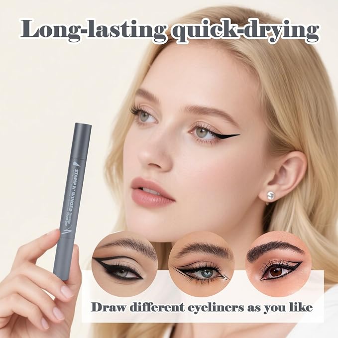 Winged Eyeliner Stamp & Liquid Pen Duo – Waterproof, Smudge-Proof, Dual-Ended Cat Eye Stamp for Perfect Wings – Long-Lasting Black Eyeliner for Beginners & Makeup Lovers