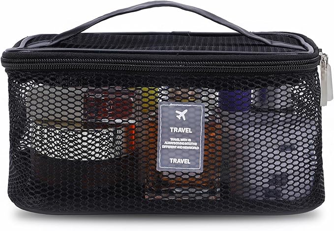 Mesh Makeup Bag, Breathable Cosmetic Bags with Zipper, Travel Lightweight Make Up Organizer Mesh, Toiletry Bag with Handle for Women Girls Gift, Black