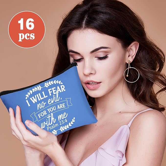 Pinkunn 16 Pcs Valentines Canvas Makeup Bags Bulk Inspirational Christian Women Religious Galentine Gifts Inspirational Bible Verse Pencil Pouch Makeup Bags with Zipper for Travel(Bible Solid Color)