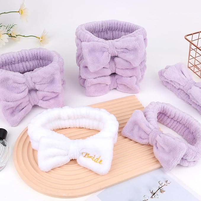 CIEHER 8 Pack White & Purple Spa Headband for Bachelorette Party Favors, Bride Bridesmaid, Bachelorette Gifts for Bride Skincare Makeup Headbands Face Wash Headbands