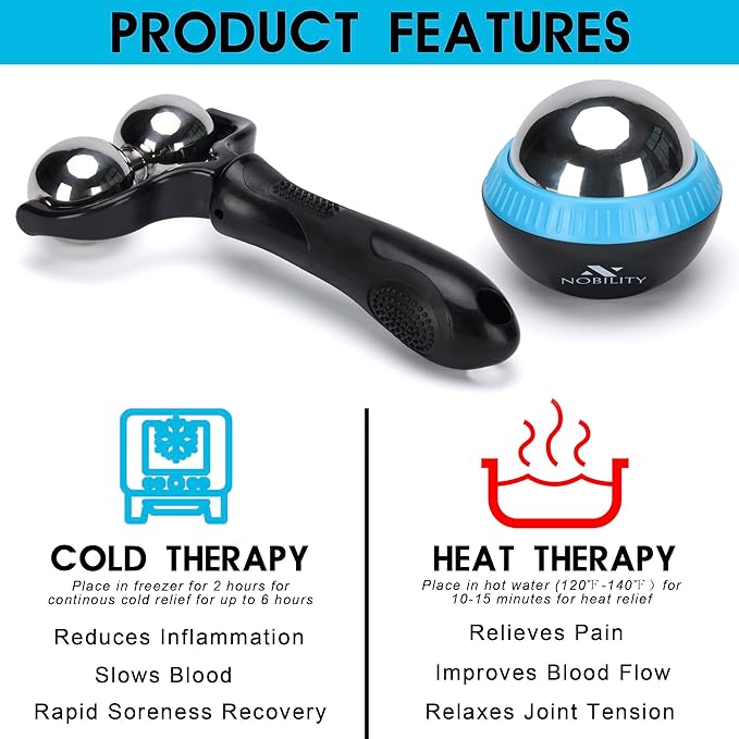 Nobility Massage Ball Roller– Ice Cold and Hot for Deep Tissue and Sore Muscle Relief of Stiffness and Stress, Body, Neck, Back, Foot, Plantar Double Black