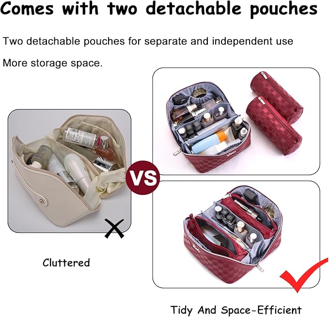 BOYATU Travel Makeup Bag Organizer Cosmetic Bag: 3 Pcs Set Make up Bags for Women with Handle - Waterproof Vegan Leather Toiletry Bags Travel Essentials Pouch with Compartments (03-A-Red)