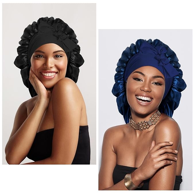 Arqumi 2 Pcs Satin Silk Bonnet for Sleeping Women, Large Long Strap Tie Band Adjustable Sleep Night Cap Hair Bonnet Wrap for Men, Black+Navy Blue