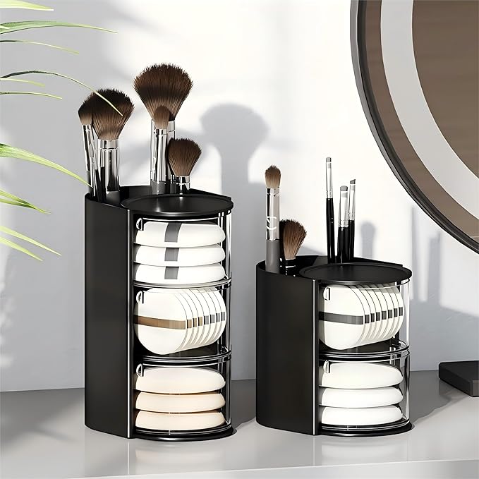 Hair Accessories Organizer with Hair Brush Holder, Rotatable Makeup Brush Holder for Necklaces, Earring, Bracelet, Ring, Makeup Brushes, Hair Clip and Hair Accessories (Black, 2-Layer)