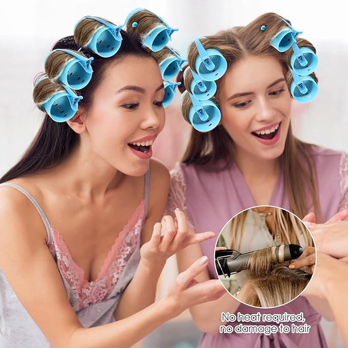 WILLBOND 141 Pieces Hair Rollers Set Include 60 Plastic Hair Rollers(Blue,6 Sizes)