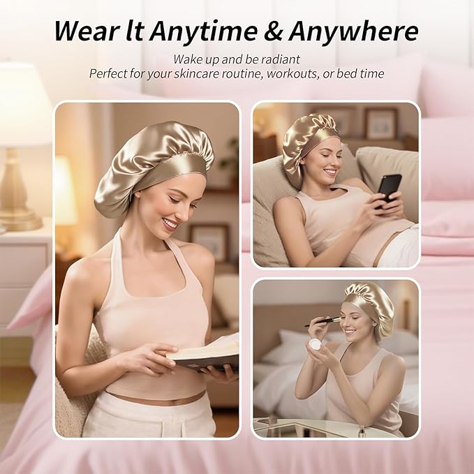 5 Pack Satin Bonnet for Women, 30cm Adjustable No-Slip Sleep Cap for Curly Hair, Breathable Head Wrap for Sleeping & Skincare