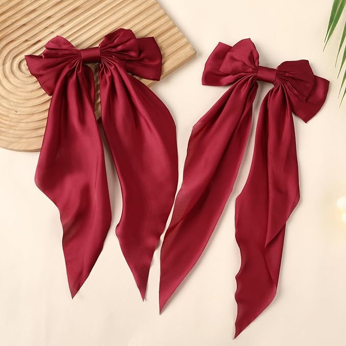 2PCS Big Hair Bow Clips for Women Girls – Red Satin Ribbon Bow Barrettes with Long Tails, Large Hair Accessories for Ponytail, Holiday, Party & Date Night
