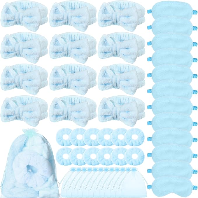 Mimorou 48 Pieces Galentine Spa Party Supplies 12 Spa Headband 12 Plush Sleep Eye Mask 12 Velvet Scrunchies 12 Organza Bags for Sleepover Slumber Party Favors Valentine Gift(Blue)