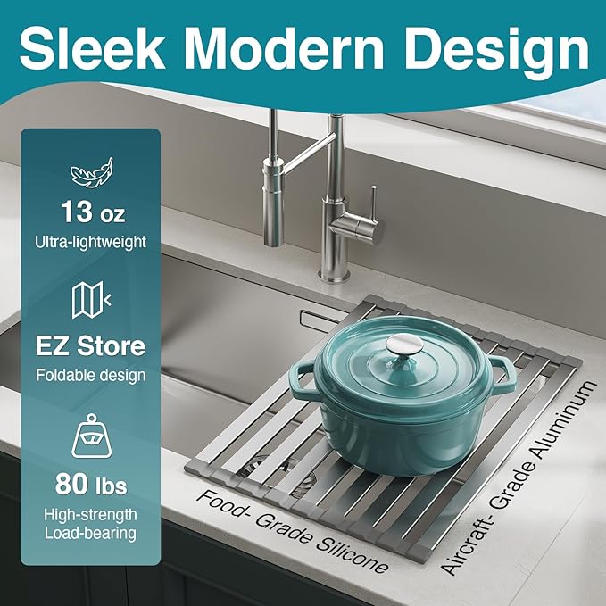 Aluminum Roll Up Dish Drying Rack Over The Sink, 17.7" x 13.4" Rust-Proof Foldable Dish Drainer Mat, Heat Resistant Trivet & Kitchen Sink Cover, Fits Sinks up to 16.8" Wide, Matte Gray