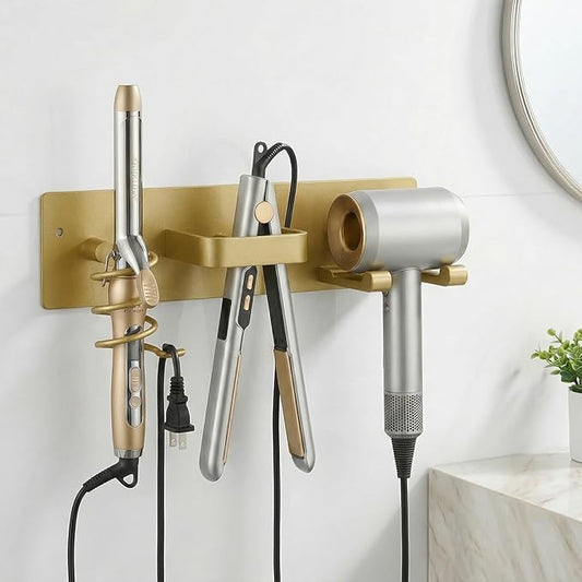 Blow Dryer Holder Wall Mount, 3 in 1 Bathroom Hair Tool Organizer with Curling Iron Holder & Flat Iron Holder, Universal Hair Dryer Holder Rack Storage (Champagne Gold)