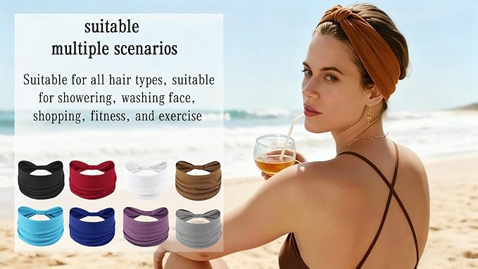 Wide Elastic Head Bands,Fashion,Makeup, Large Knotted Soft Headband for Washing Face, Sports Stretchy Sweat Bands,Headbands for Women, Non-Slip Thick Hair Bands,Workout, Spa, Running, 8-Pack