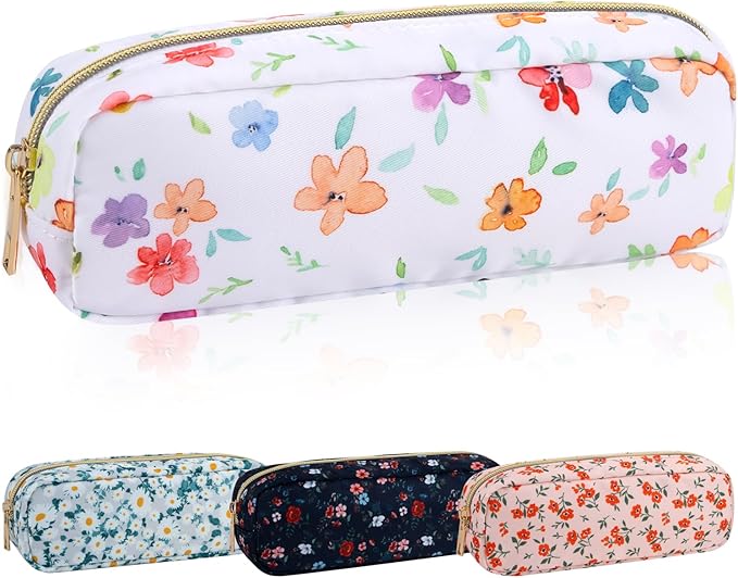 Nylon Floral Small Makeup Bag Slim Pouch, Cute Preppy Makeup Brush Bag Portable Make up Pouch with Zipper, Waterproof Travel Toiletry Bag Coin Purse Storage Organizer for Women Girls(Fringed Iris)