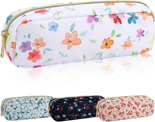 Nylon Floral Small Makeup Bag Slim Pouch, Cute Preppy Makeup Brush Bag Portable Make up Pouch with Zipper, Waterproof Travel Toiletry Bag Coin Purse Storage Organizer for Women Girls(Fringed Iris)