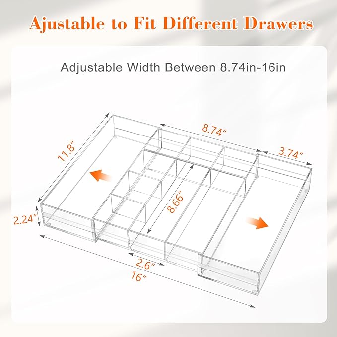 1 PC Acrylic Desk Drawer Organizer 2 Inch Height Expandable Drawer Organizer Trays with 10 Adjustable Compartments Desk Accessories for Makeup Silverware Office Bathroom(Clear, Elegant)