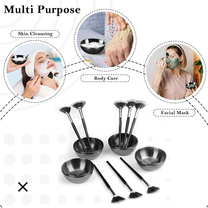 16 Pcs Black Facial Bowl and Brush Set 8 Black Stainless Steel Mixing Bowls Facial Mixing Bowls Esthetician 8 Facial Fan Brushes Esthetician Face Mask Brush for Mud Cream Makeup Spa Salon Women
