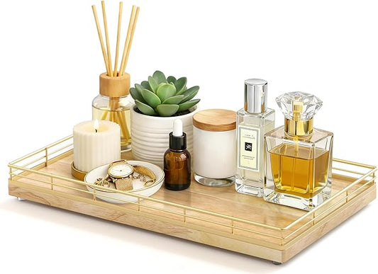 Large Bathroom Vanity Tray – 13" x 8" Oak Decorative Wooden Tray for Bathroom Countertop & Vanity Organizer, Wood Tray for Perfume Skincare Accessories Storage Vanity Dresser Decor Gold & Natural Oak