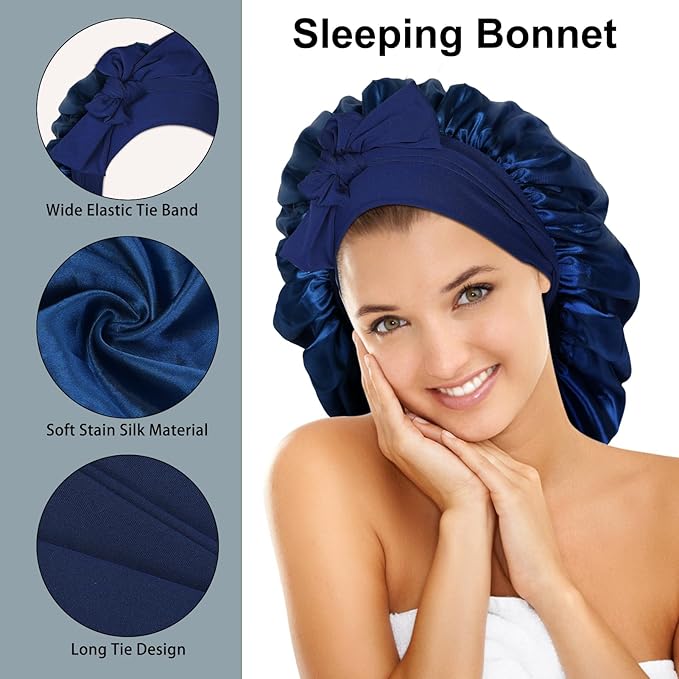 Arqumi 2 Pcs Satin Silk Bonnet for Sleeping Women, Large Long Strap Tie Band Adjustable Sleep Night Cap Hair Bonnet Wrap for Men, Black+Navy Blue