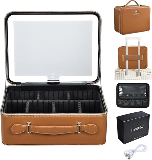 Faquenc Leather Makeup Case with LED Lighted Mirror 11.4 Inch Travel Makeup Bag Adjustable Brightness in 3 Colors Cosmetic Organizer Artist Storage Bag with Dividers Brush Holder Bag Vanity Brown