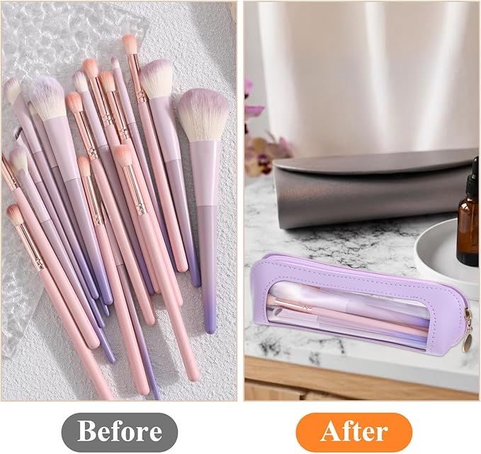 Clear Makeup Brush Bag, PU Leather Small Makeup Pouch Portable Travel Mini Cosmetic Bag Transparent Waterproof Organizer Pouch with Zipper for Women Home Travel Office Cosmetic Storage (Purple)