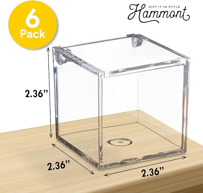 Hammont Clear Acrylic Box with Hinged Lid – Small Plastic Organizer for Office, Desk, Makeup, Crafts, Cotton Balls, Jewelry & More | 2.5"x2.5"x2.5" (6 Pack)