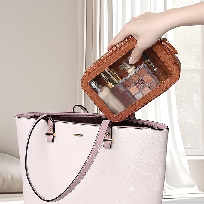 Clear Makeup Bag Small Cosmetic & Toiletry Bag Waterproof Travel Case Women's Pouch Organizer Makeup Bag for Car with Zipper (Brown, Small-1)