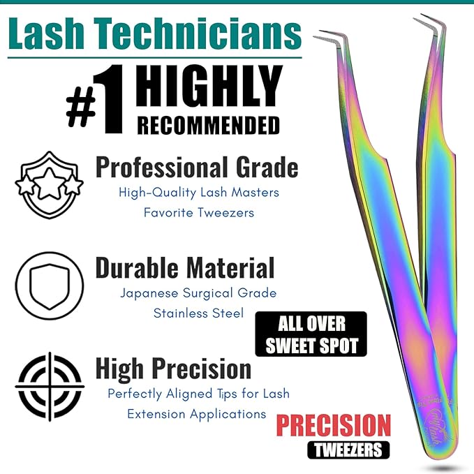 2pcs Fiber Tip Lash Tweezer Set – 90 Degree Volume Eyelash Extension Tweezers, Precision Stainless Steel, Professional Isolation Tools for Classic, Volume, Mega Volume Fans, Non Slip Grip (Rainbow)