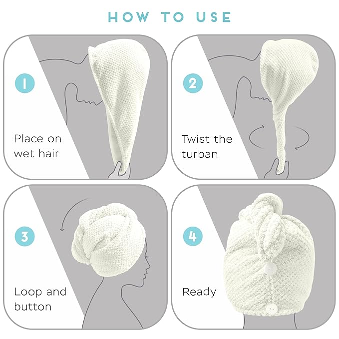 2 Pack Microfiber Hair Towel Wrap for Women, Anti Frizz Quick Drying Hair Turban for All Hair Style, Absorbent and Lightweight (Ivory)