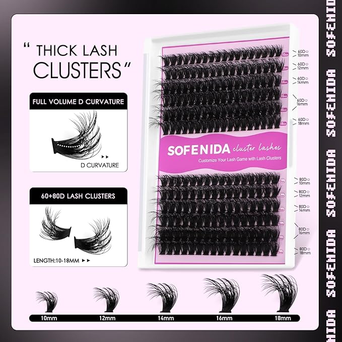 SOFENIDA Lashes Clusters Thick Lash Cluster 10-18mm Volume Eyelash Clusters D Curly Cluster Eyelash Extensions 3D Wispy Lash Clusters DIY Wispy Lash Clusters(60D 80D-10-18MIX Lashes)