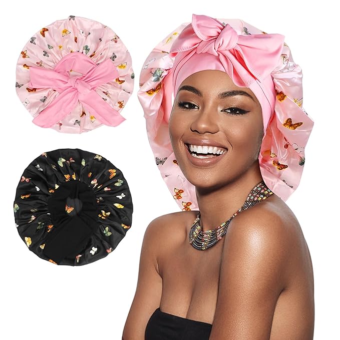 Arqumi Pack of 2 Satin Sleeping Bonnet, Large Sleep Bonnet, Long Strap, Adjustable Sleep Cap Hair Bonnet with Butterfly Pattern, Black+Pink