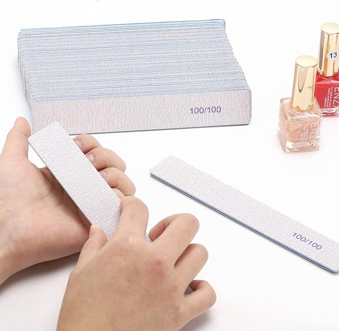 100 Pieces Rectangle Nail Files 100/100 Grit, Reusable Nail Buffers Double Sided Emery Boards Fingernail Files for Acrylic Nails and Natural Nails