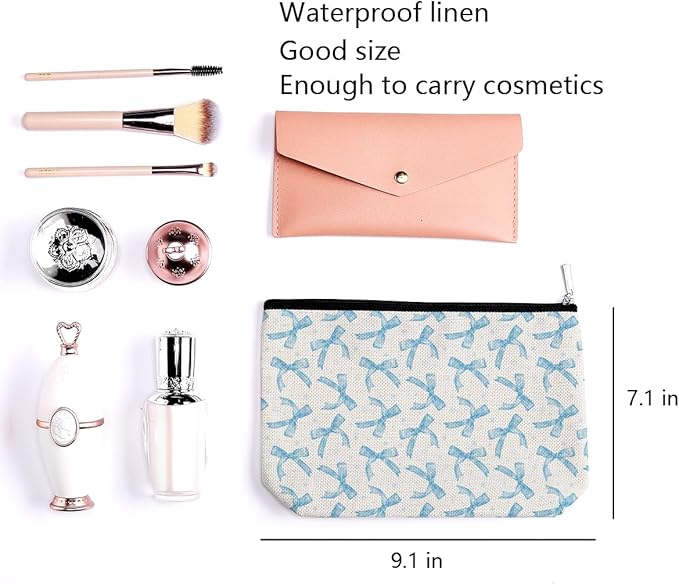 Coquette Makeup Bag Trendy Teen Girls Gifts Blue Bow Pouch Bag Gift for Women Aesthetic Cosmetic Bag Preppy Stuff Trendy Preppy Makeup Bag Funky Zipper Travel Toiletry Bag