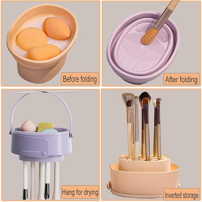 Makeup Brush Cleaner Mat,3 in 1 Upgraded Foldable Silicone Makeup Brush Cleaner Cosmetic Brush Cleaner Makeup Brush Scrubber Bowl for Cleaning, Organizer And Upside Down Drying(Foldable Khaki)