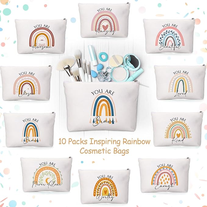 Coume 10 Pcs Valentines Canvas Makeup Bags Bulk, Inspirational Quotes Cosmetic Zipper Encouragement Travel Pouch Toiletry Bag Women Teacher Friend Birthday Gift(Multicolor,Rainbow)