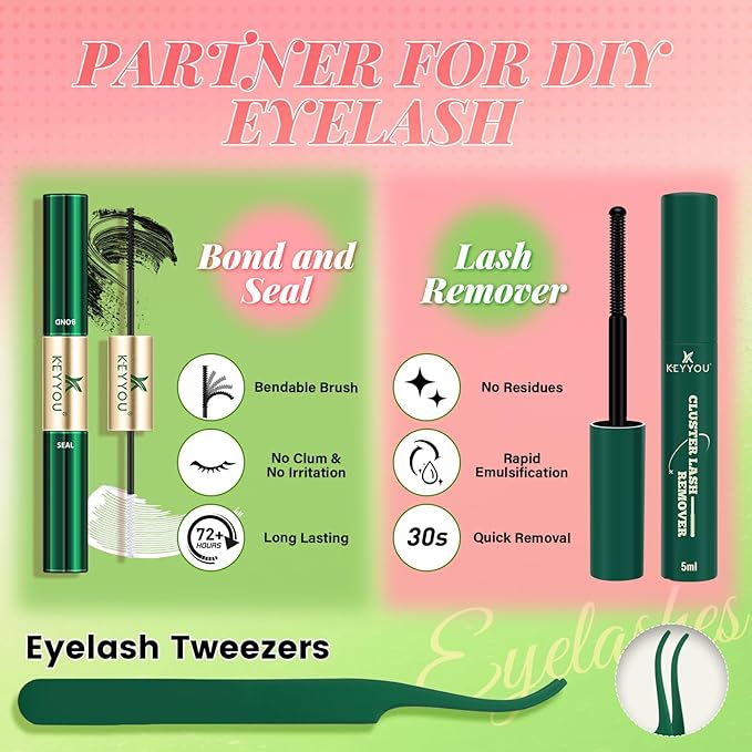 KEYYOU Naiad Lash Clusters Kit Fairy Lash Extension Kit C Curl 144Pcs Eyelash Extension Kit Wispy Natural Invisible Band Lash Kit with Waterproof DIY Lash Extension Kit at Home(Naiad-C-8-16MIX)