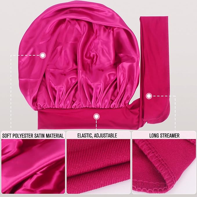 Arqumi Pack of 2 Satin Sleeping Bonnet, Large Sleep Bonnet with Long Strap,Reduce-Friction Prevent-Frizz Curly Hair, Adjustable Sleep Cap Hair Bonnet for Women & Men, Black+Rosy