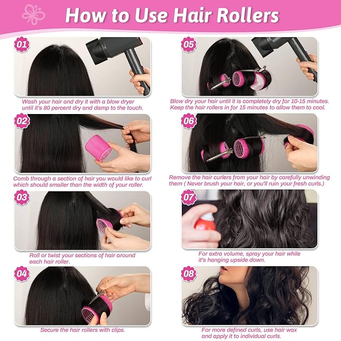 50 Pcs Rollers Hair Curlers Set with 24Pcs Self Grip Hair Rollers 4 Sizes and 24 Pcs Clips for Blowout Look Long Medium Short Thick Hair Volume