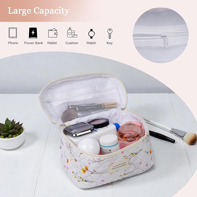 VIWIME Makeup Cosmetic Bag, Large Cotton Quilted Travel Coquette Aesthetic Cute Floral Make up Bag for Women Toiletry Bag Organizer (303-LongYellow)