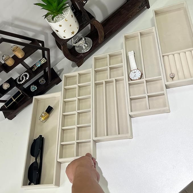 2Pcs Desk Drawer Storage Tray, Nightstand Organizer, Jewelry Display for Necklace, Bracelet, Ring, Earring, Grid Table Organizer Holder for Sunglass, Phone, Watch, Perfume (1 Grid)/Beige