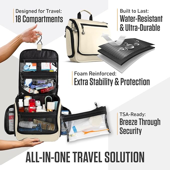 VENTURE 4TH Hanging Travel Toiletry Bag for Women & Men – Large Toiletry Organizer with 18 Compartments, Removable TSA Pouch, Travel Wash Bag for Toiletries, Makeup & Shaving Kit (Beige)