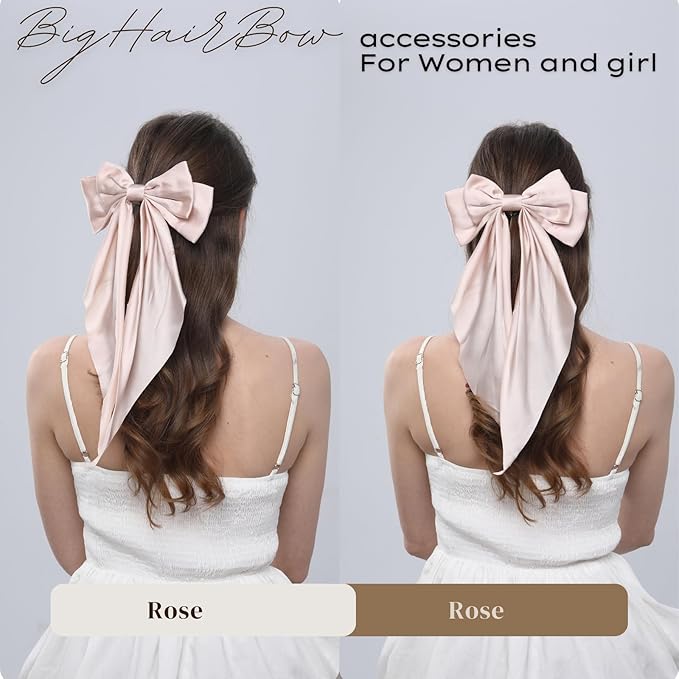 2PCS Big Hair Bow Clips for Women Girls – Rose Satin Ribbon Bow Barrettes with Long Tails, Large Romantic Hair Accessories for Ponytail, Wedding & Gift
