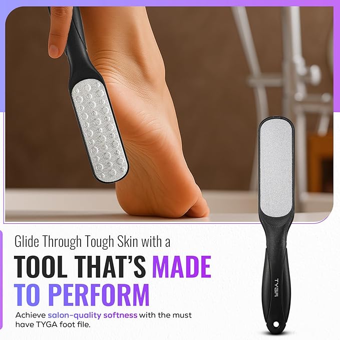 TYGA Double-Sided Foot File, Coarse & Fine, Dry & Wet, Stainless Steel, Pedicure Care Tool, Callus Remover for Feet, Multidirectional Nickel, Hard Skin Removal, Washable, Spa and Skin Care (Black)