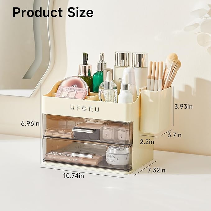 Makeup Organizer for Vanity with Brush Holder, Countertop Skincare Organizer with 2 Drawers, Spacious Cosmetic Display Case for Perfumes, Eyeshadow Palettes, Nail Polishes