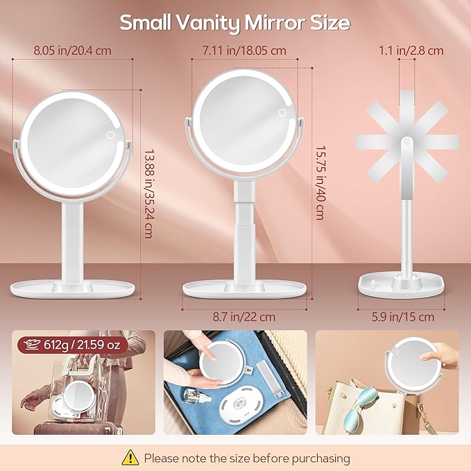 B Beauty Planet Vanity Mirror with Lights, 30X Magnifying Makeup Mirror with 3 Lighting and Adjustable Brightness, Rechargeable 2-Sided Height Adjustable Desk Mirror for Bathroom, Gift for Women White