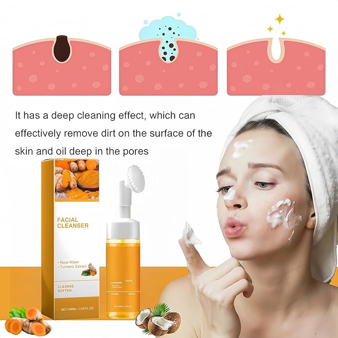 2 Pcs Turmeric Brightening Facial Cleanser, Deep Cleansing Exfoliating Glow Wash Turmeric Foaming Face Wash with Brush for All Skin